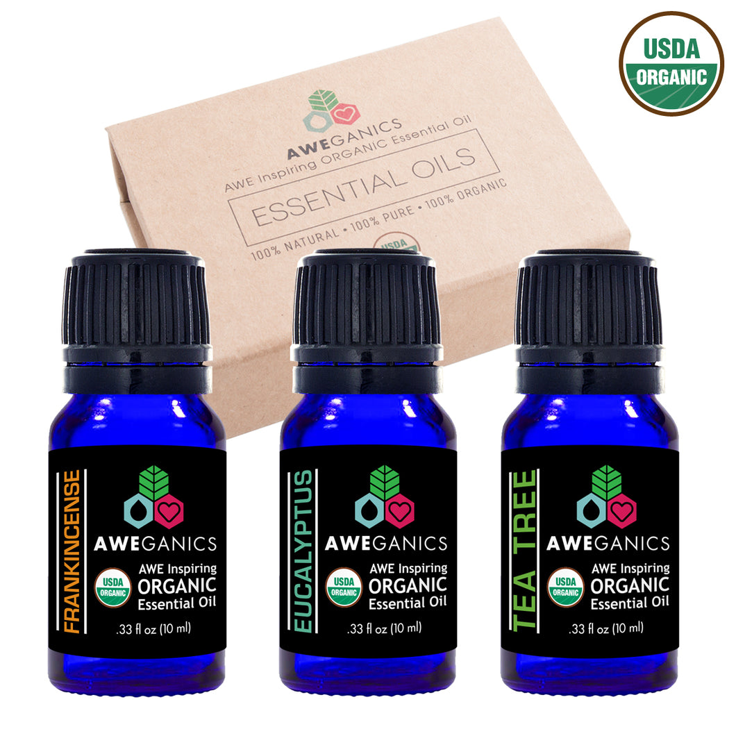 Aweganics USDA Organic Essential Oils for Cold & Cough, 3 Pack Oil Blends Aromatherapy Gift Set, 100% Pure, Natural, Cold & Sinus Relief, Eucalyptus, Frankincense, Tea Tree