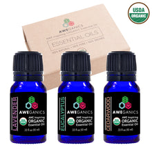 Aweganics USDA Organic Essential Oils for Anxiety and Stress Set, 3 Pack Oil Blends Aromatherapy Gift Set, 100% Pure, Natural, Relaxing, Soothing, Lavender, Cedarwood, Eucalyptus