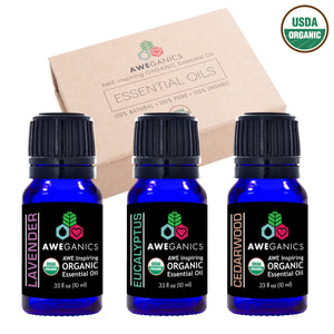 Aweganics USDA Organic Essential Oils for Anxiety and Stress Set, 3 Pack Oil Blends Aromatherapy Gift Set, 100% Pure, Natural, Relaxing, Soothing, Lavender, Cedarwood, Eucalyptus
