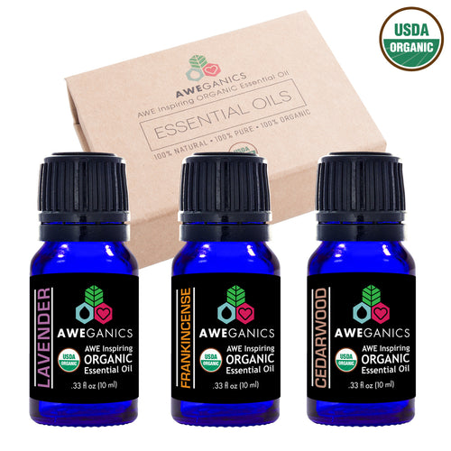 Aweganics USDA Organic Essential Oils for Sleep, 3 Pack Oil Blends Aromatherapy Gift Set, 100% Pure, Natural, Best Essential Oils for Sleep, Lavender, Frankincense, Cedarwood