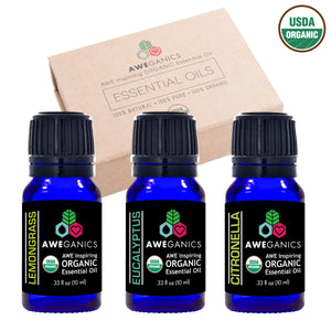 Aweganics USDA Organic Essential Oils for Natural Bug Repellent Set, 3 Pack Oil Blends Aromatherapy Gift Set, 100% Pure, Natural, Relaxing, Soothing, Eucalyptus, Citronella, Lemongrass