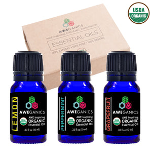 Aweganics USDA Organic Essential Oils for Energy, 3 Pack Oil Blends Aromatherapy Gift Set, 100% Pure, Natural, Best Energy Boosting Scented-Oils, Grapefruit, Lemon, Peppermint