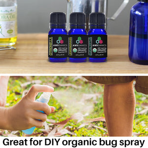 Aweganics USDA Organic Essential Oils for Natural Bug Repellent Set, 3 Pack Oil Blends Aromatherapy Gift Set, 100% Pure, Natural, Relaxing, Soothing, Eucalyptus, Citronella, Lemongrass
